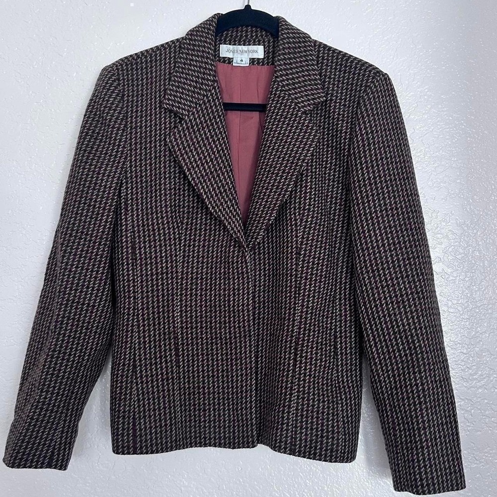 Jones New York Blazer Womens 4 Brown Houndstooth Pure Wool Jacket Tailored